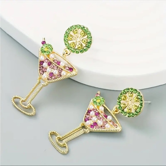 Pink Margarita Glass Earrings, Rhinestone Margarita Earrings,Wine Glass Earrings - Picture 4 of 6